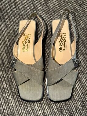 Salvatore Ferragamo Heathered Gray Cross‑Strap Slingback Sandals